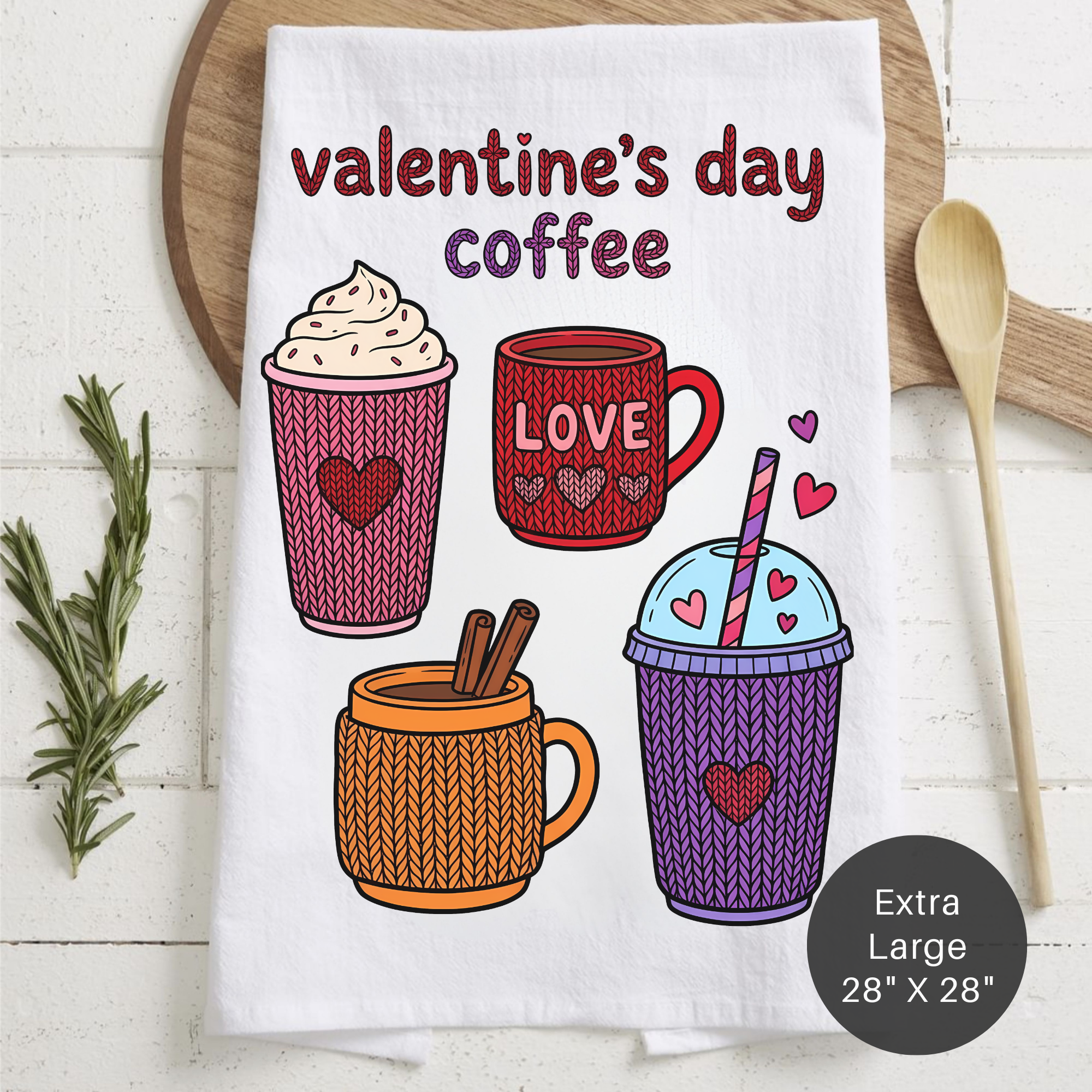 Valentine's Day-themed coffee-themed tea towel with mugs and hearts on a wooden surface.