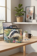 Lunch bag with badger design personalized with a name on a desk in a bright office.