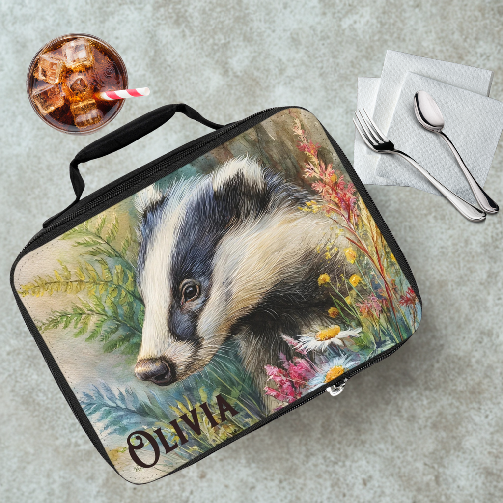 Lunch bag with badger design and 'Olivia' text on a cafeteria table with a drink and utensils.