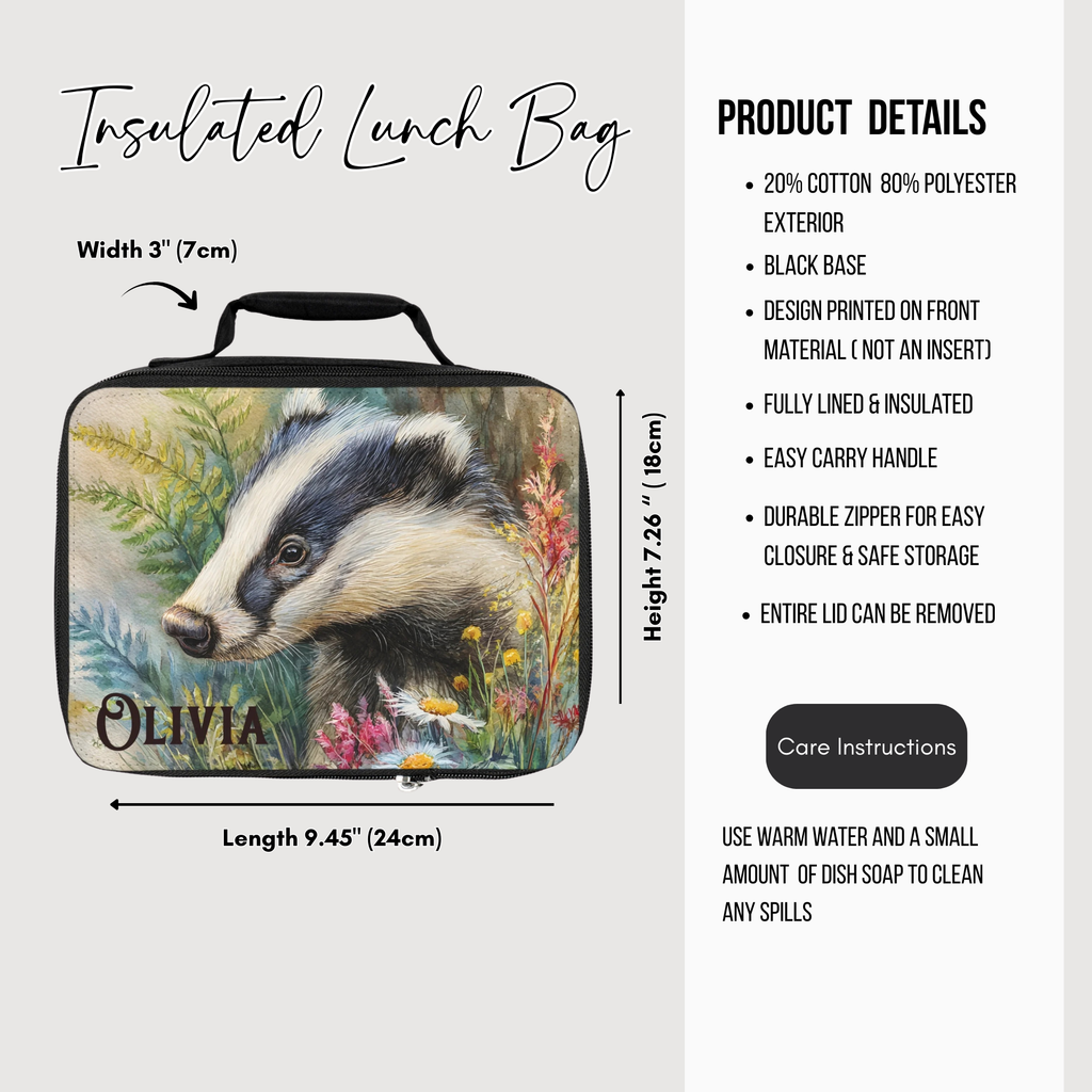 Insulated lunch bag with badger design and product details on a white background