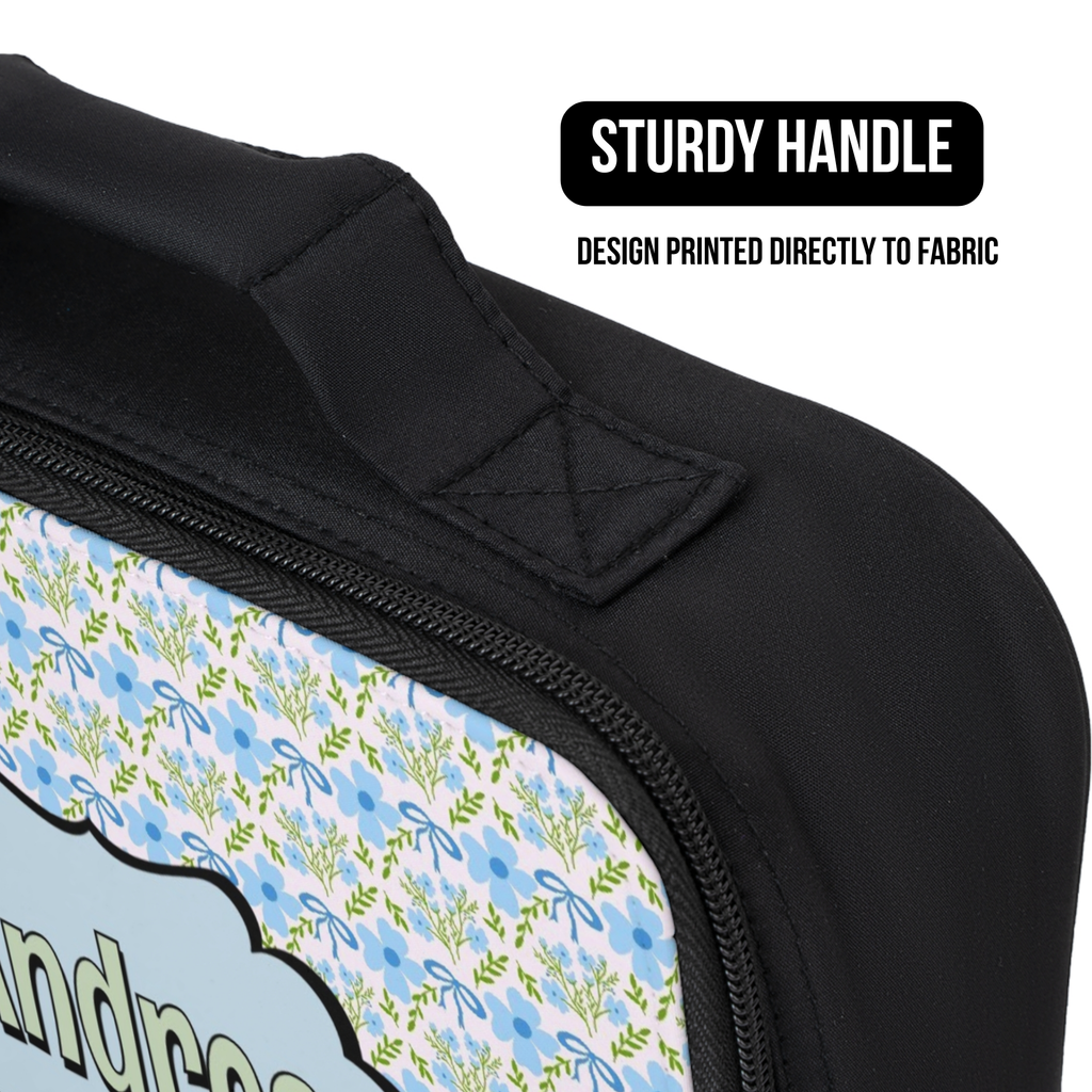 Black lunch bag with floral pattern and 'Sturdy Handle' text on a white background