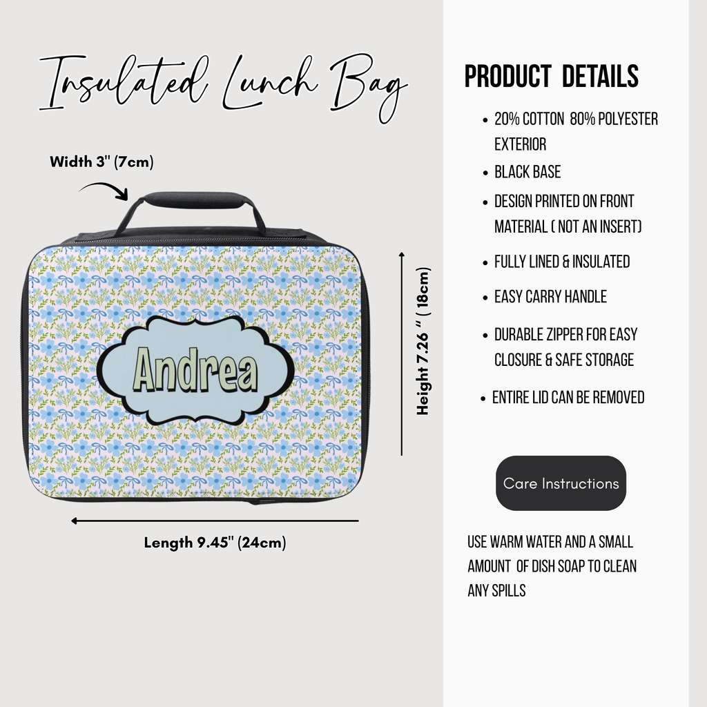 Insulated lunch bag with floral pattern and 'Andrea' monogram, featuring product details on a white background.