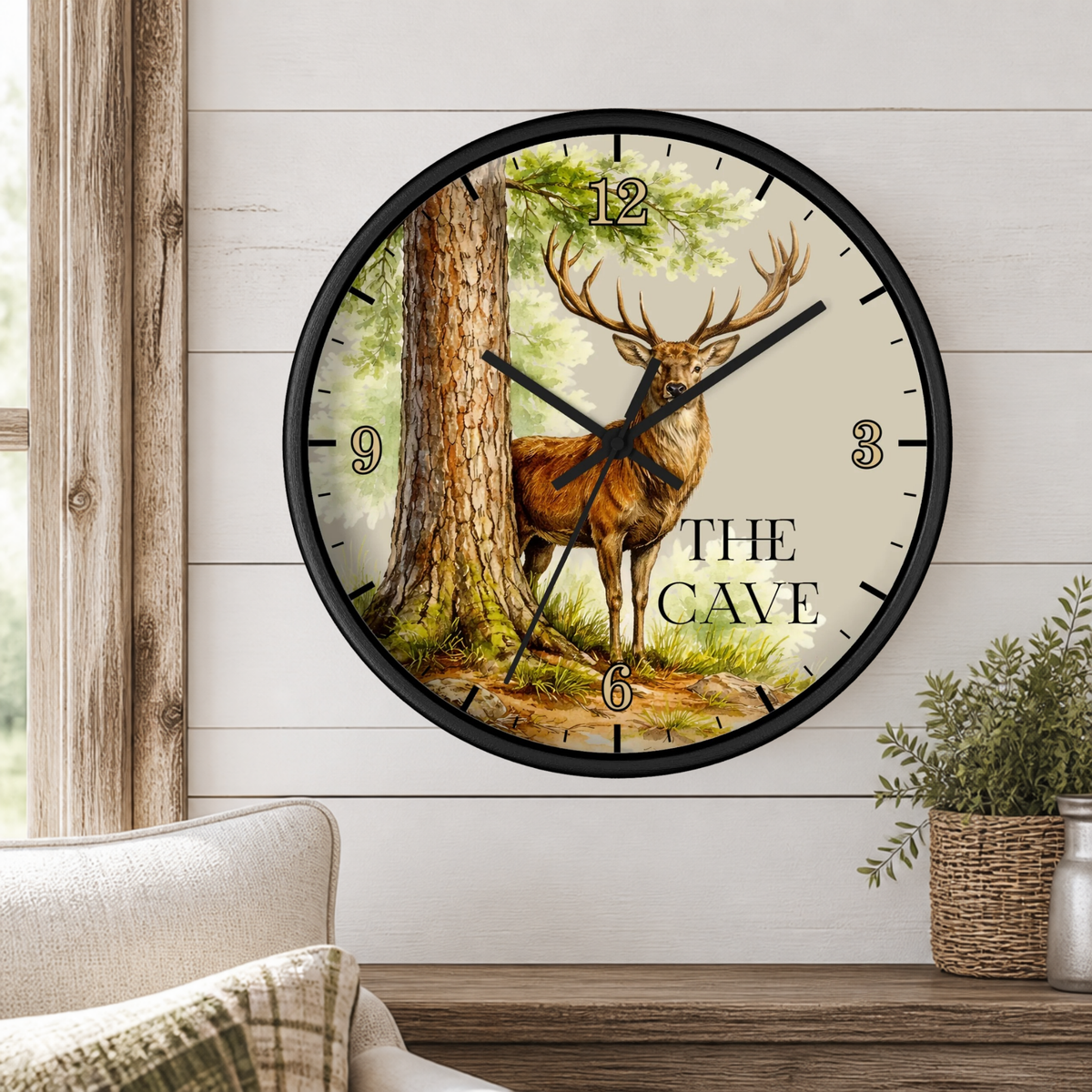 Custom Buck Deer Wall Clock — Rustic Woodland Man Cave Decor