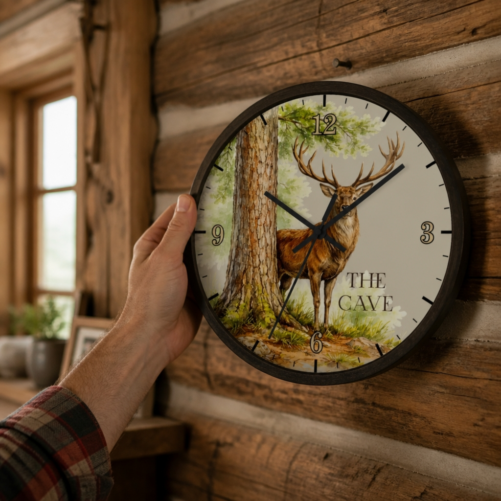 Custom Buck Deer Wall Clock — Rustic Woodland Man Cave Decor