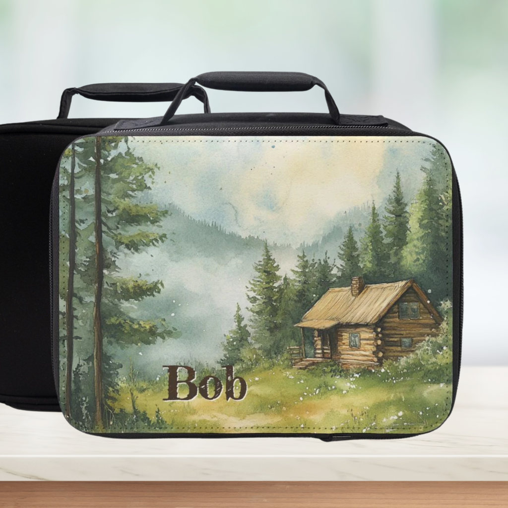  insulated lunch bag with a cabin design and 'Bob' text