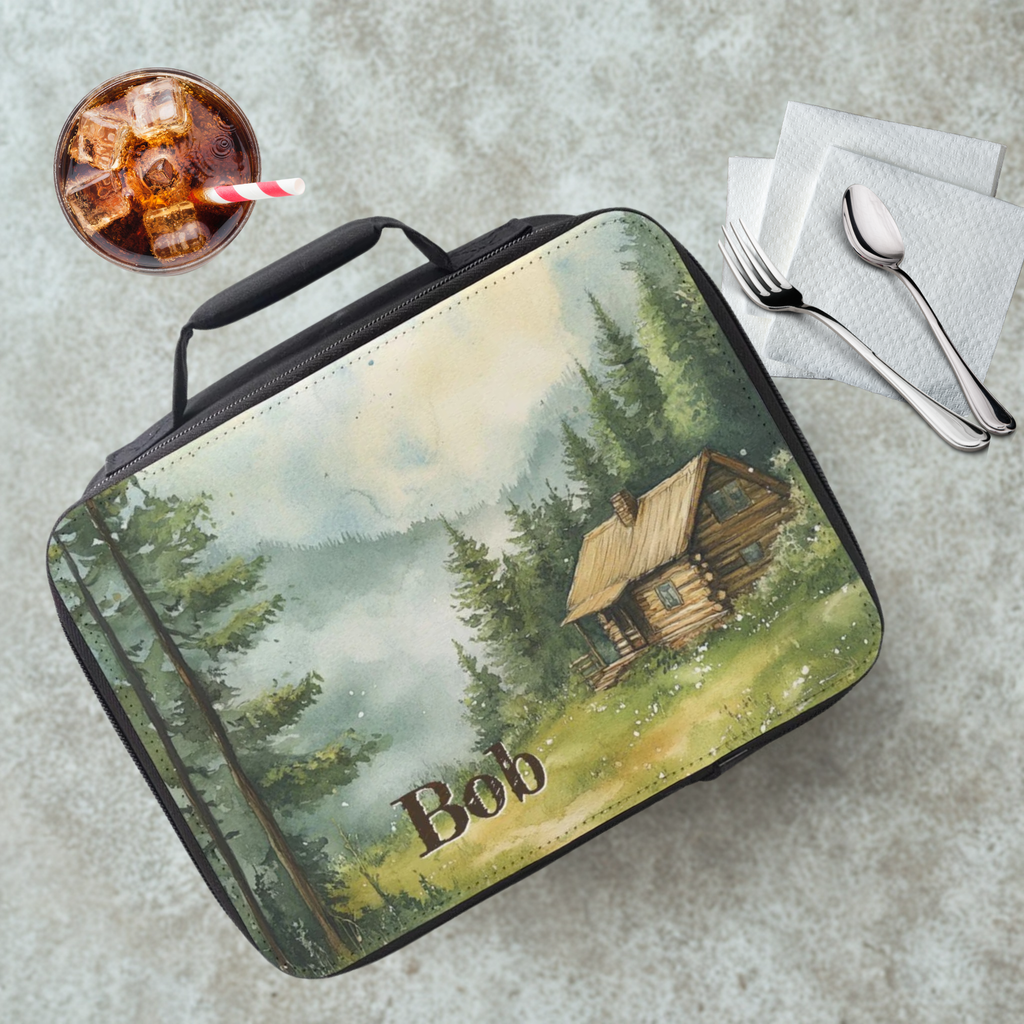 Lunch bag with a forest scene and cabin design, featuring the name 'Bob'. on a cafeteria table with a drink and eating utensils.