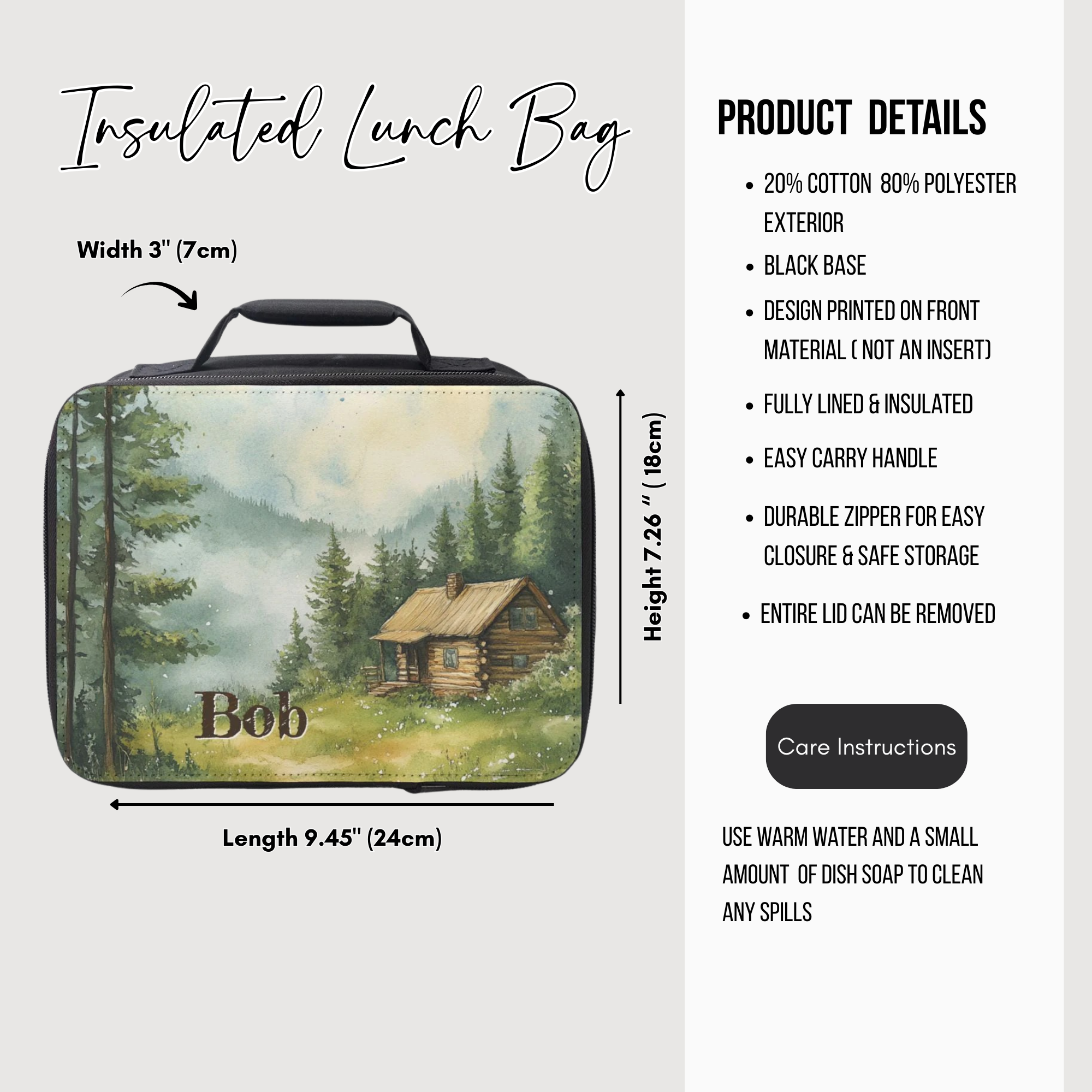 Insulated lunch bag with cabin design and product details on a white background