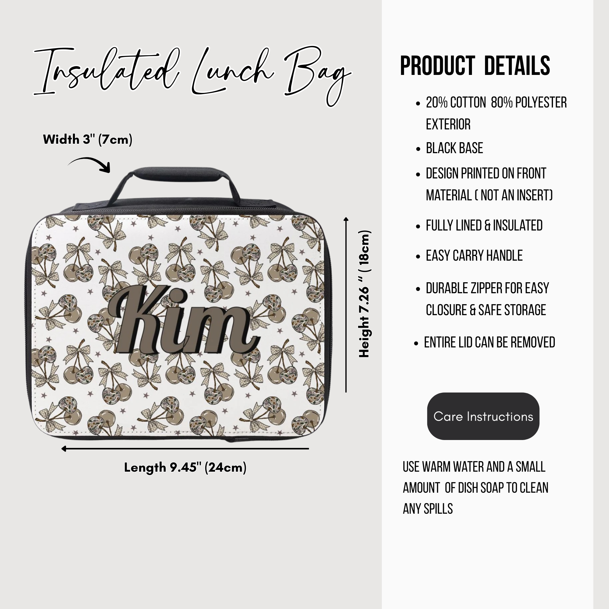 Insulated lunch bag with camo cherry pattern and personalized name, featuring product details on a white background.