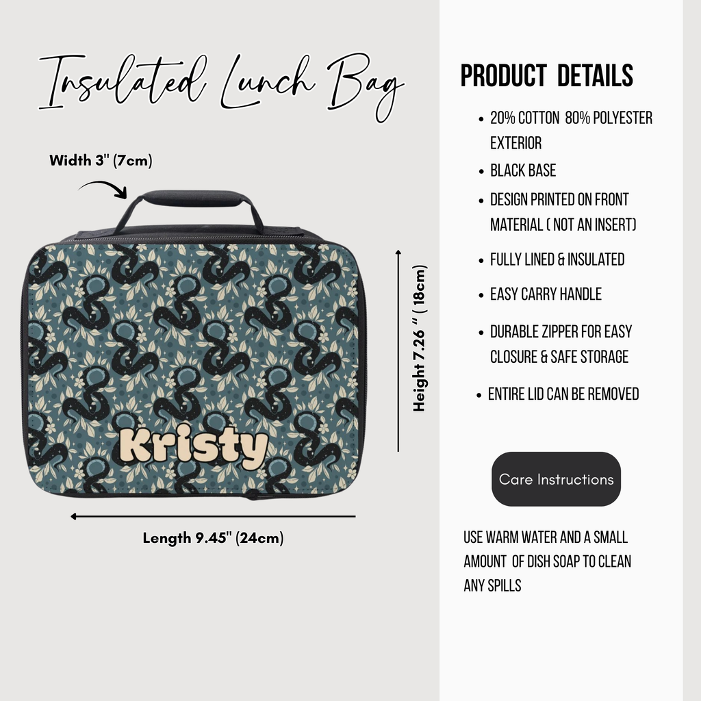 Insulated lunch bag with snake pattern and 'Kristy' personalized name, featuring product details on a white background.
