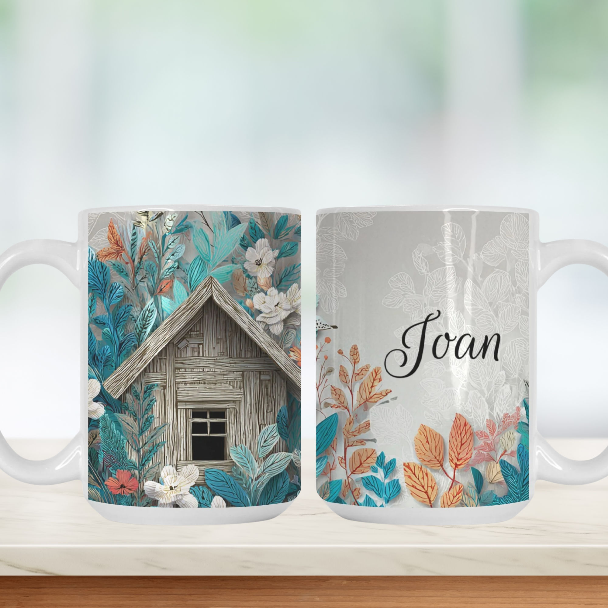 Two mugs with nature-themed designs and a wooden bird house illustration.