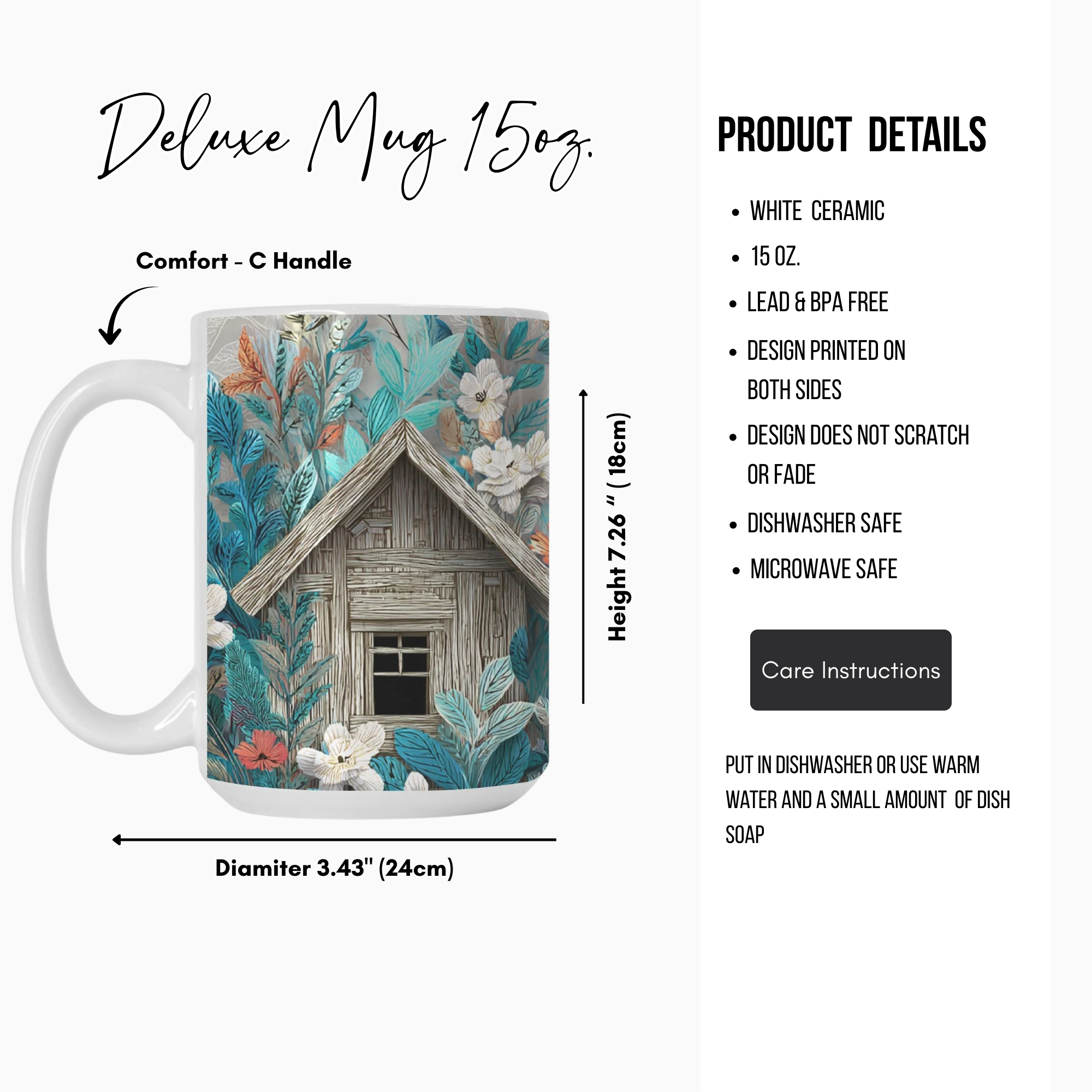 Mug with nature-themed design and product details on a white background