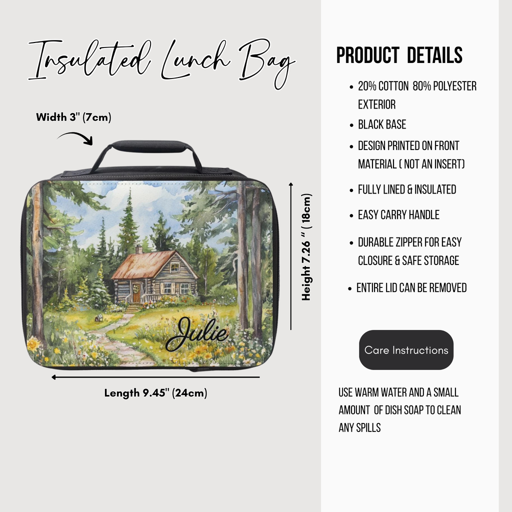 Insulated lunch bag with cabin design and product details on a white background