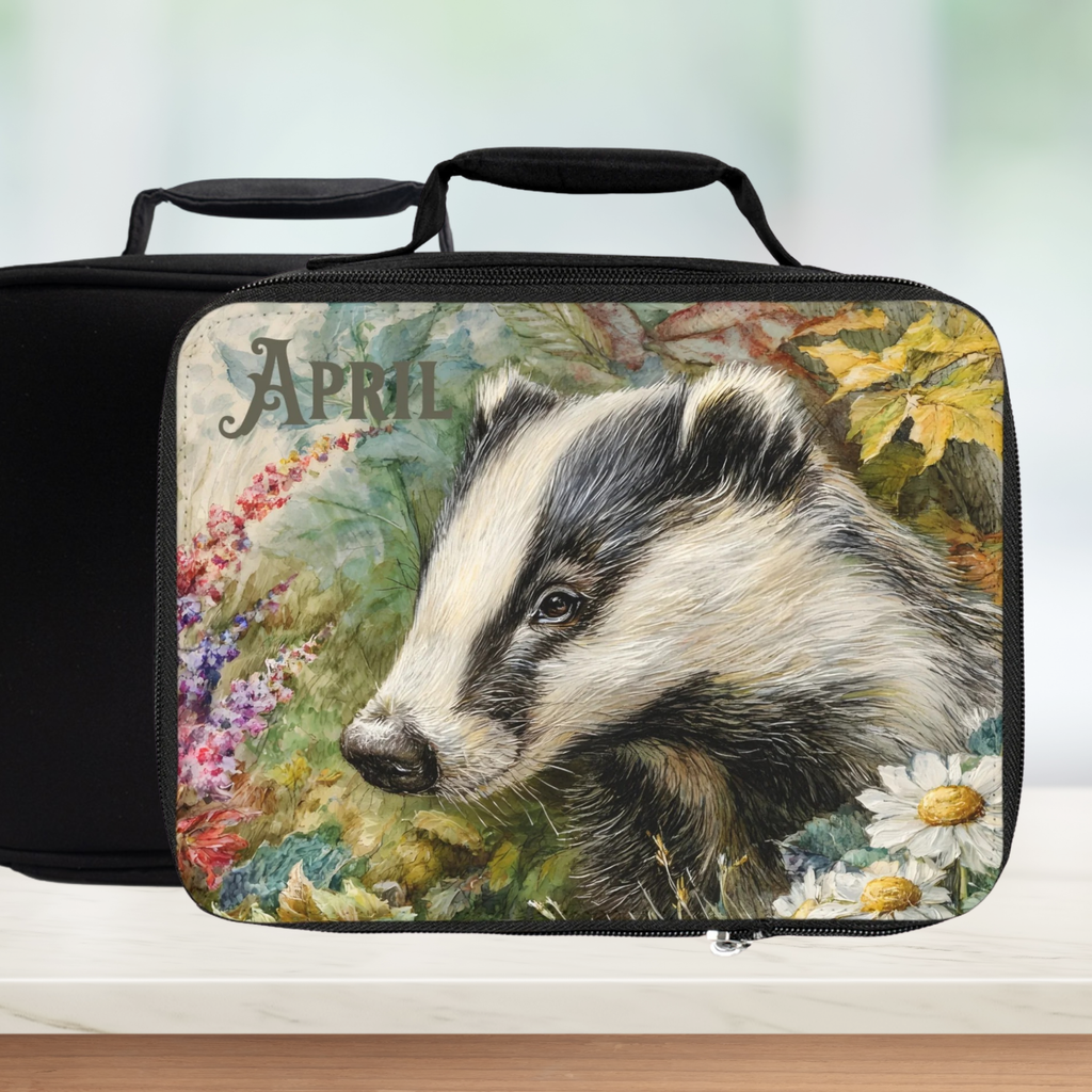 Black lunch bag with a badger illustration and 'April' text on a floral background