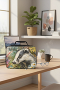 Lunch bag with badger design on a wooden table in a bright room