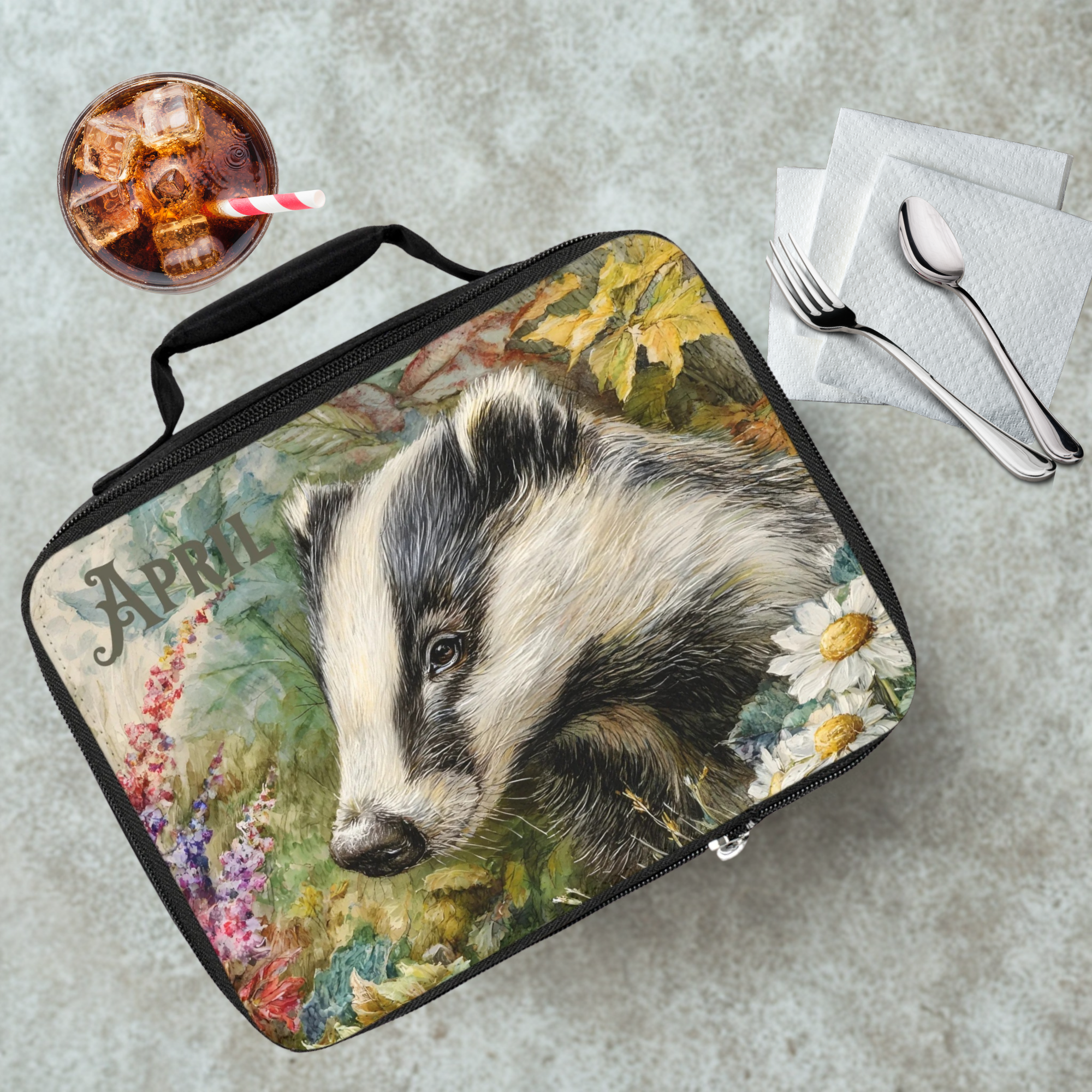 Lunch bag with badger design on a cafeteria table with a drink and utensils.