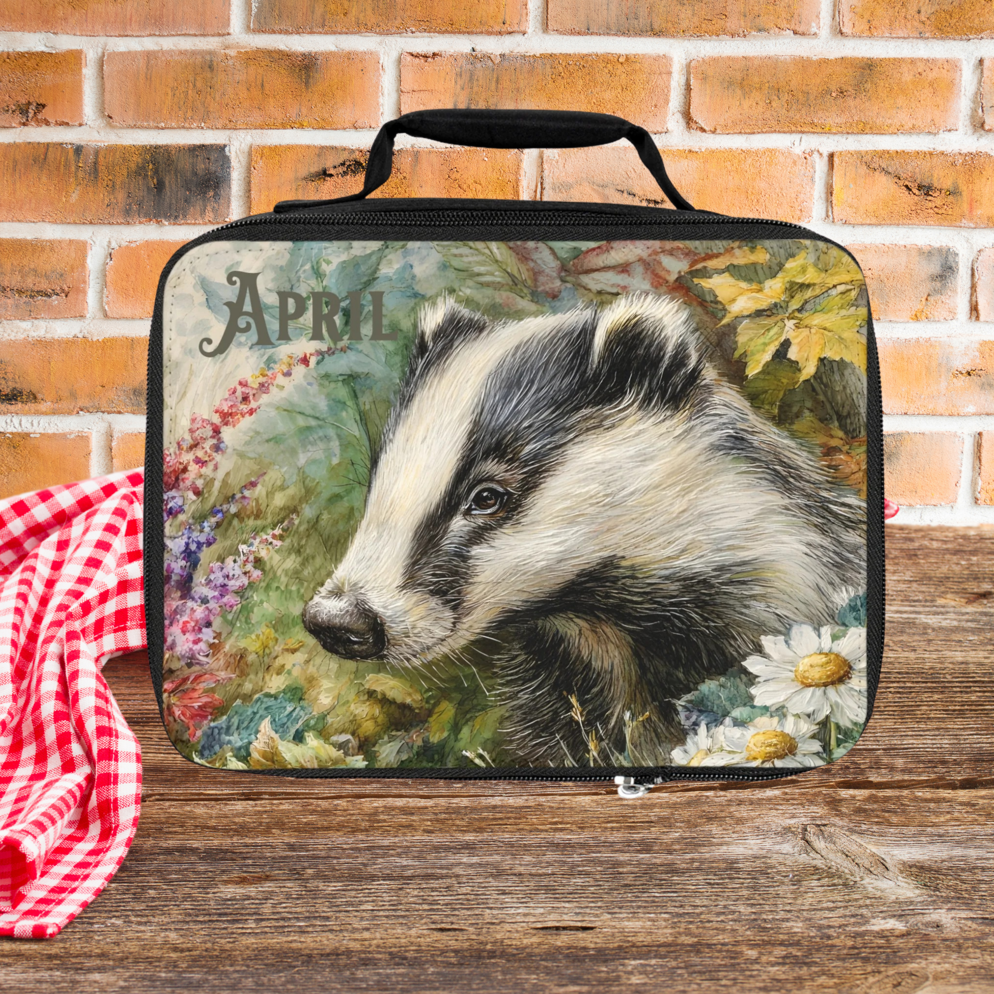 Lunch bag with badger design and 'April' personalized text on a picnic table  against a brick wall background