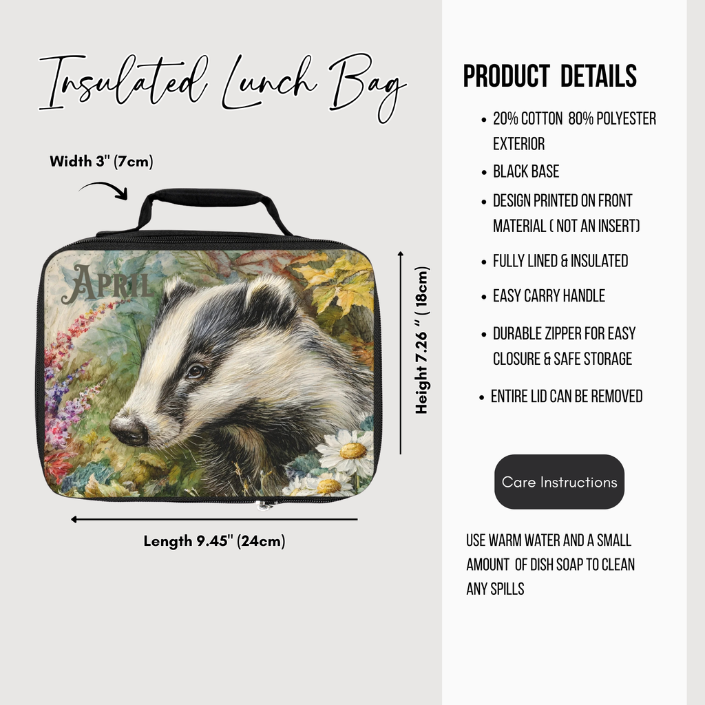 Insulated lunch bag with badger design and product details on a white background