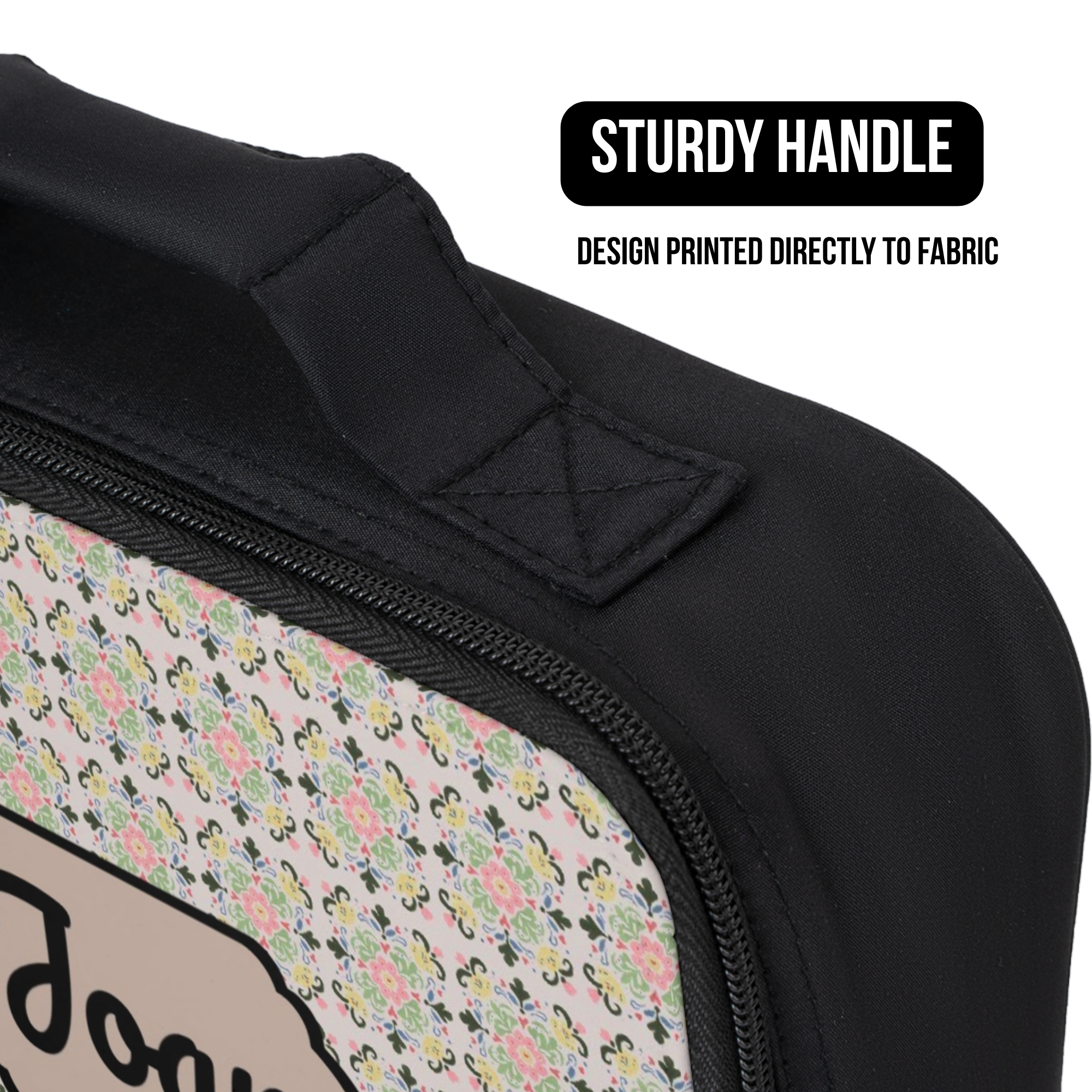 Black lunch bag with floral patterned design and 'Sturdy Handle' text on a white background