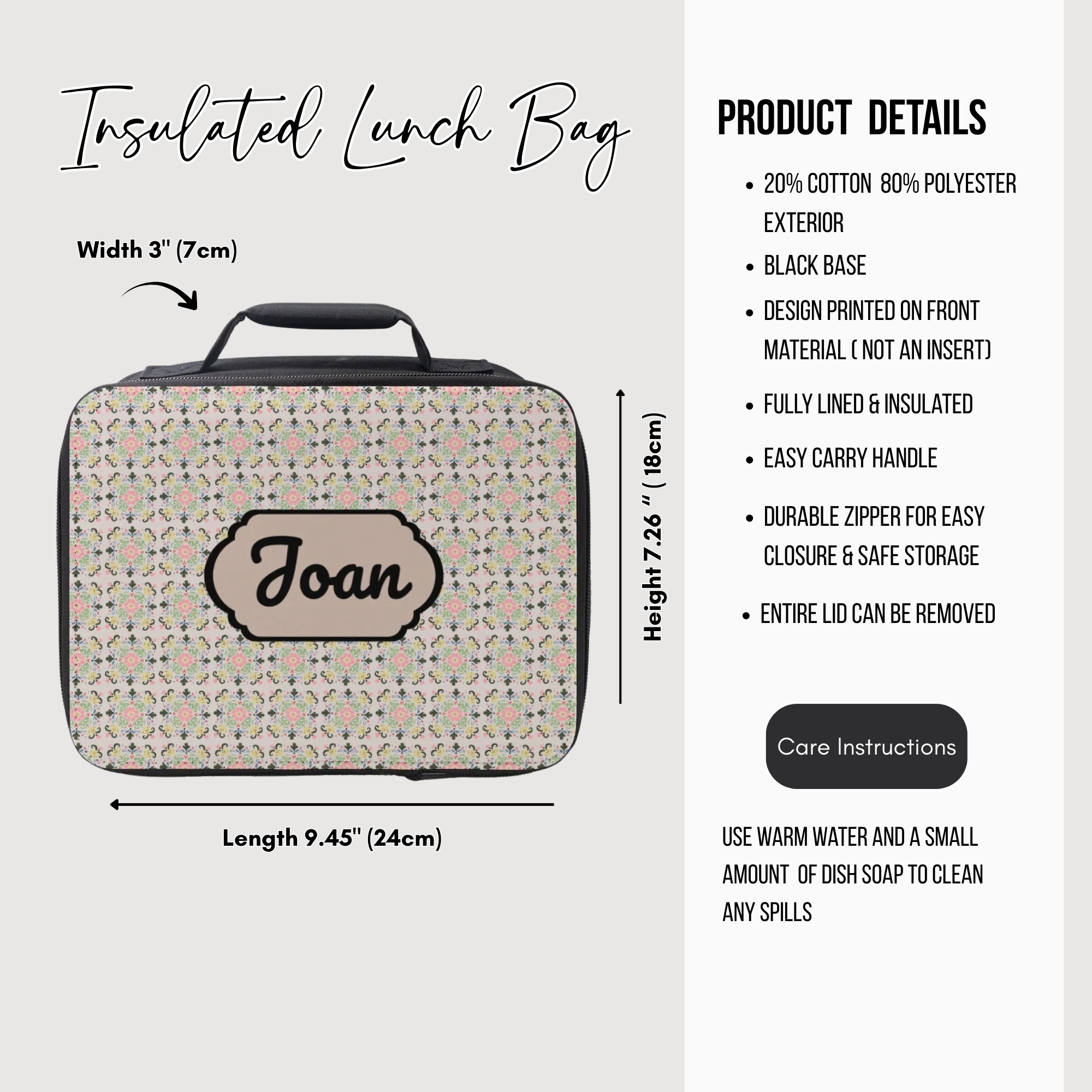 Insulated lunch bag with floral pattern and 'Joan' name, featuring product details on a white background.