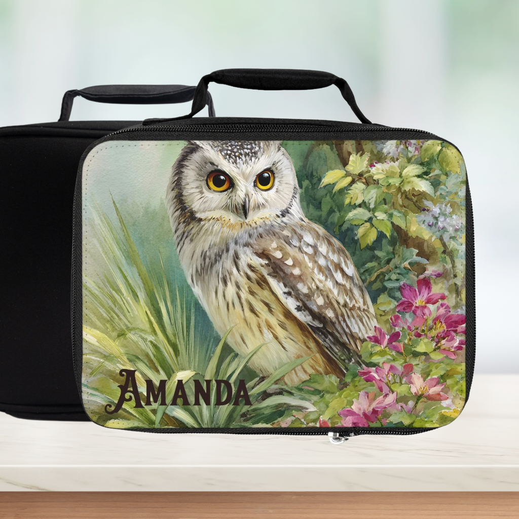  insulated lunch bag with an owl design and 'Amanda' text