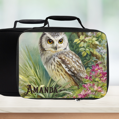  insulated lunch bag with an owl design and 'Amanda' text