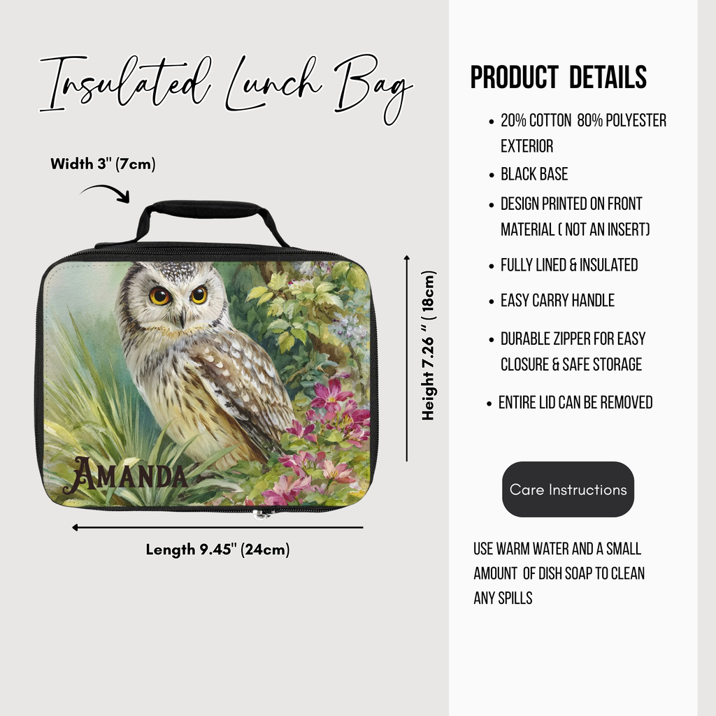 Insulated lunch bag with owl design and product details on a white background
