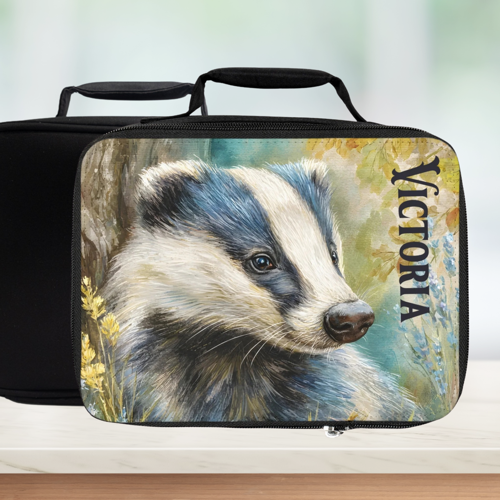  insulated lunch bag with badger design and 'Victoria' personalized text