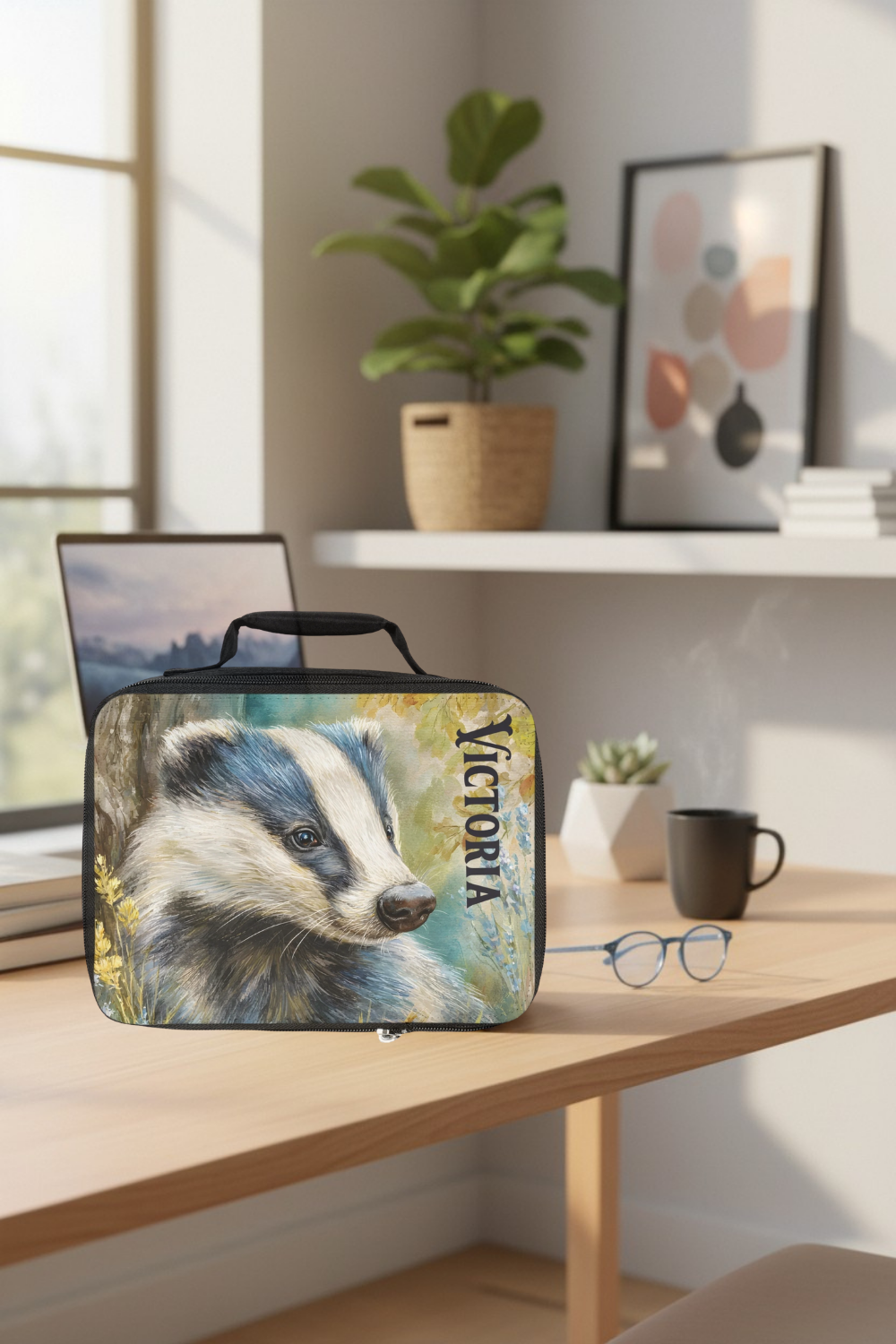 Lunch bag with custom badger design on a wooden table in a bright room