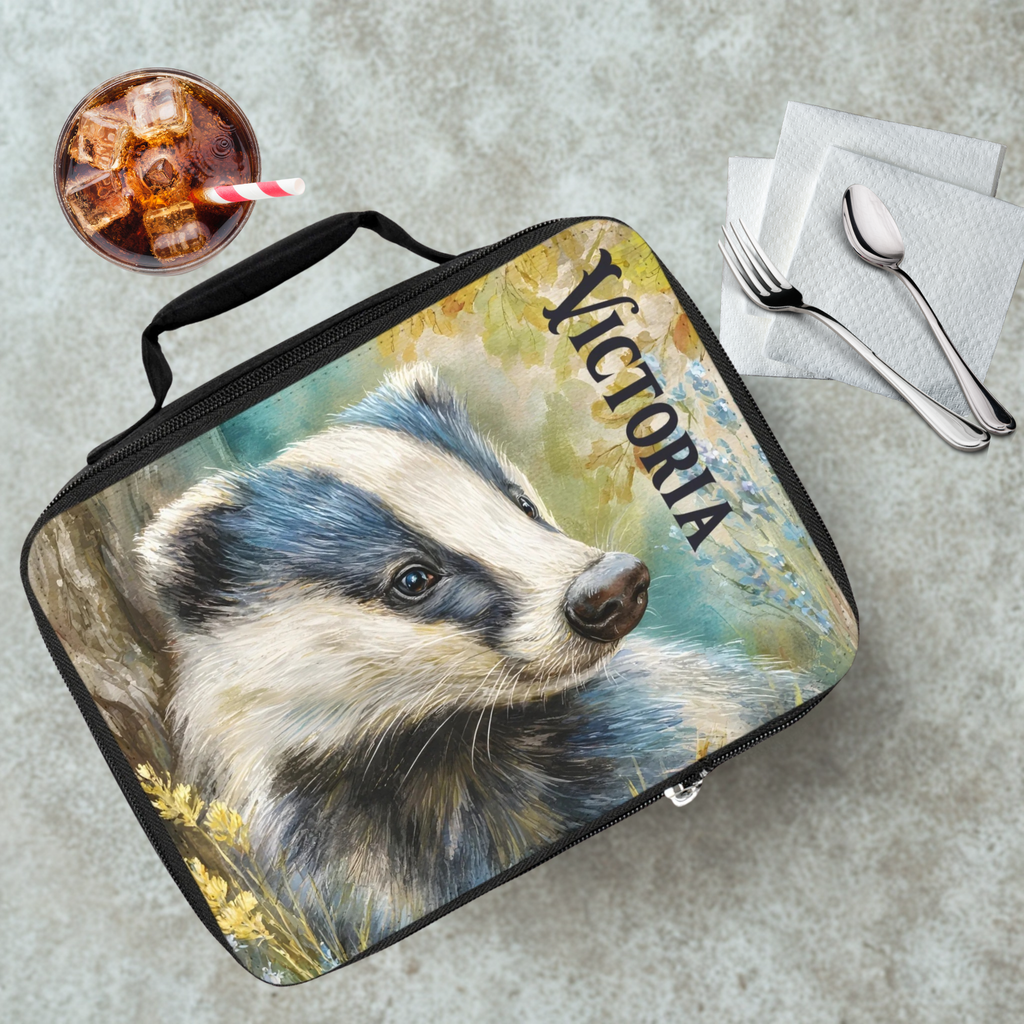  insulated lunch bag with badger design and 'Victoria' text on a table with drink and utensils
