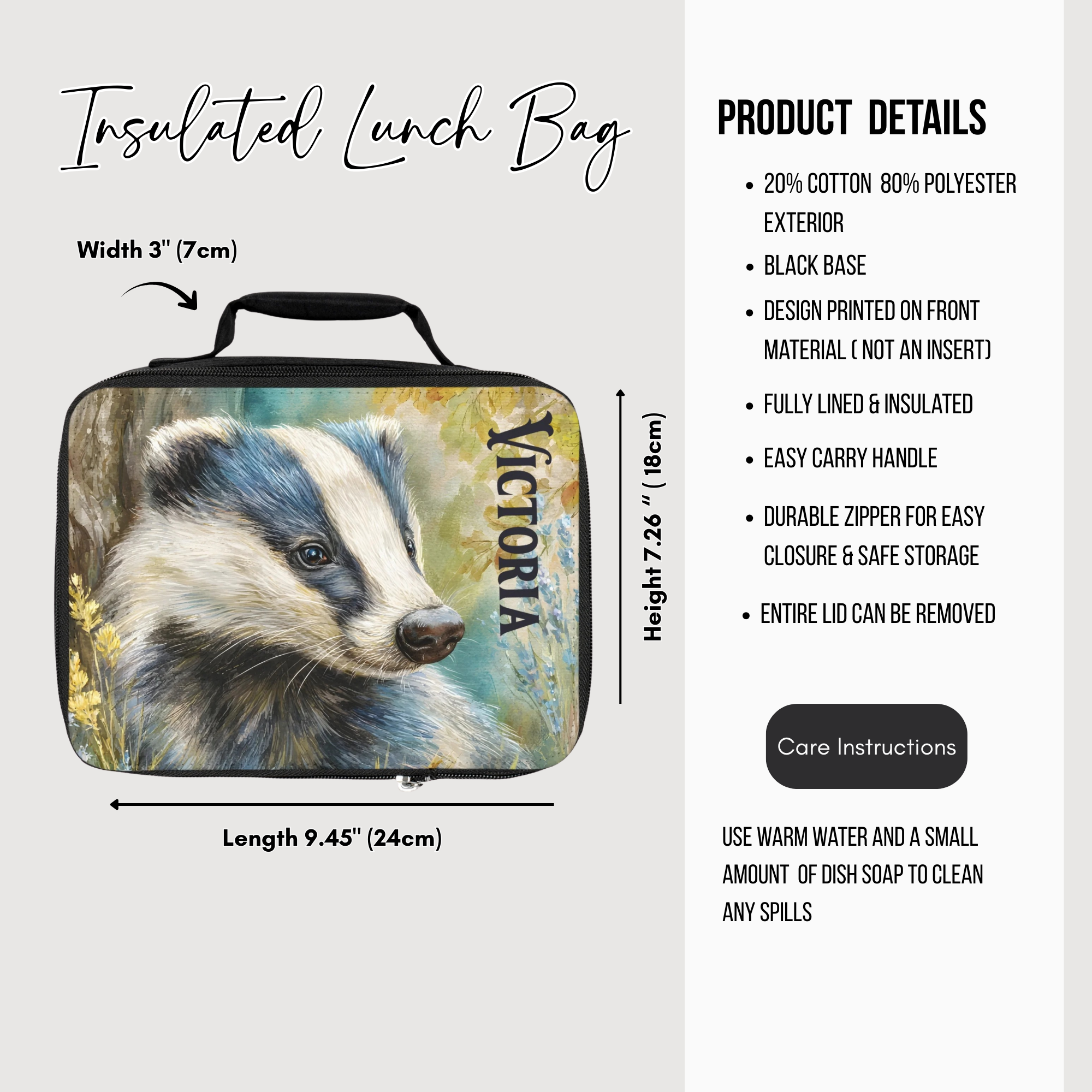 Insulated lunch bag with badger design and product details on a white background