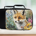 Black rectangular lunch bag with a fox design and the name 'Joan' on a white background