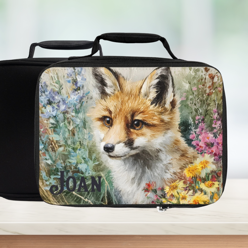 Black rectangular lunch bag with a fox design and the name 'Joan' on a white background