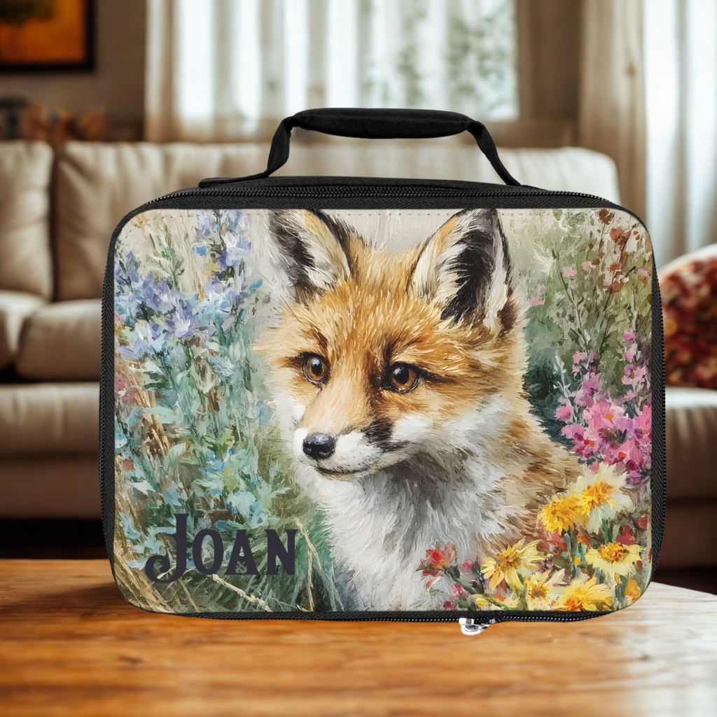  insulated lunch bag with a fox design and 'JOAN' personalized text on a wooden living room table.