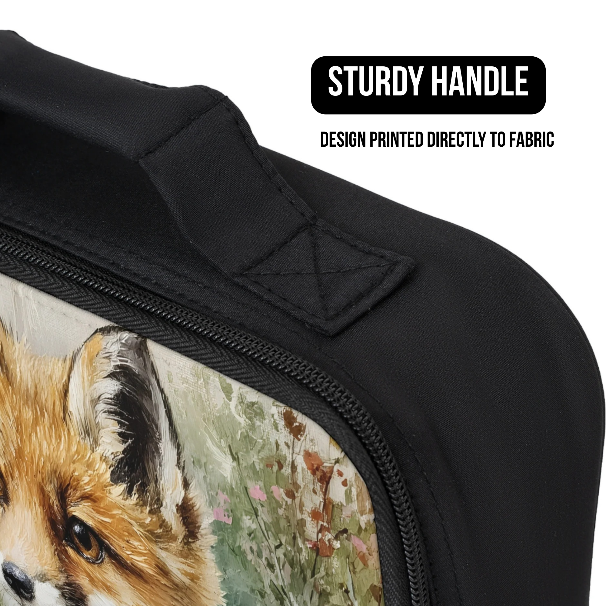 Black lunch bag with a fox design and sturdy handle on a white background