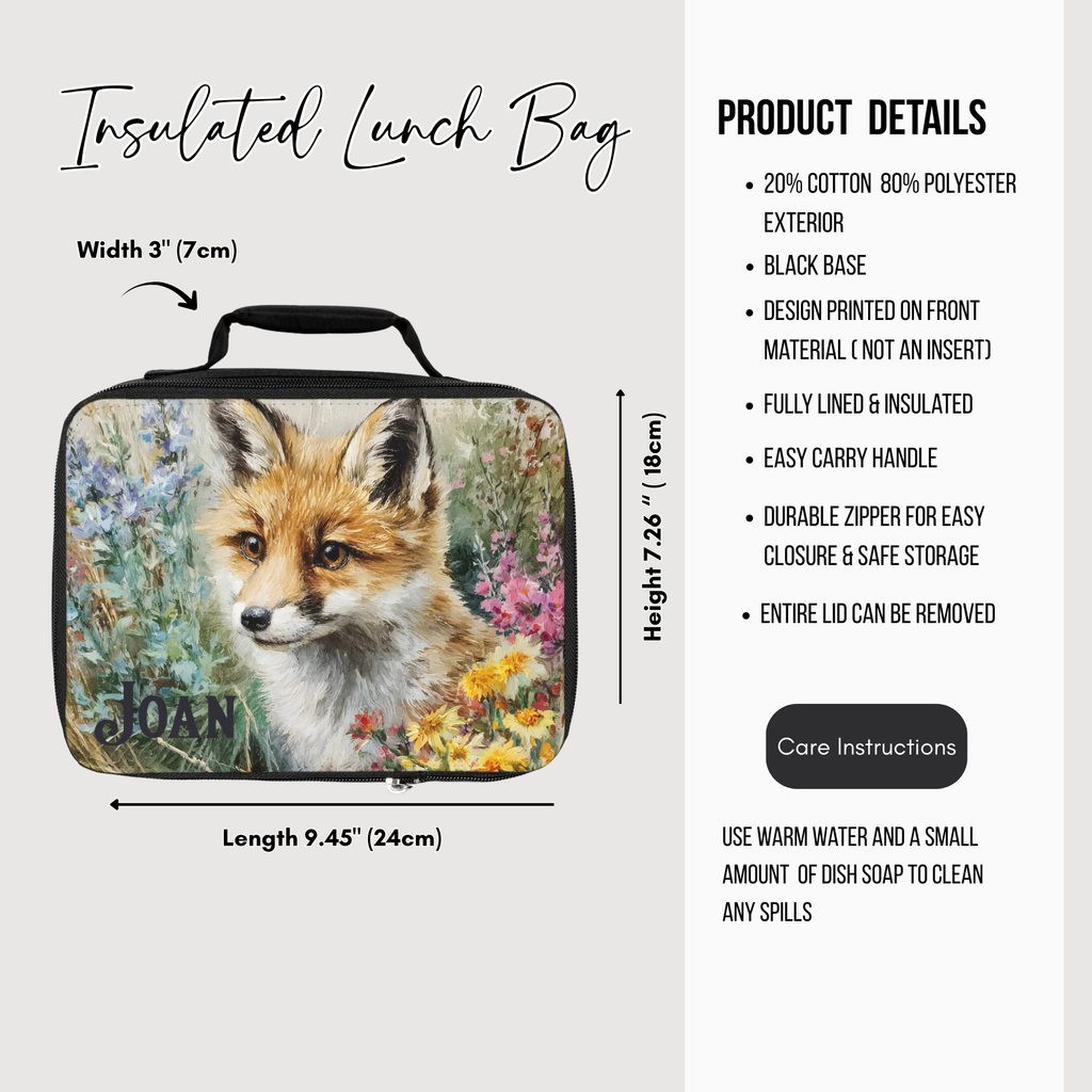 Insulated lunch bag with a custom fox design and product details on a white background