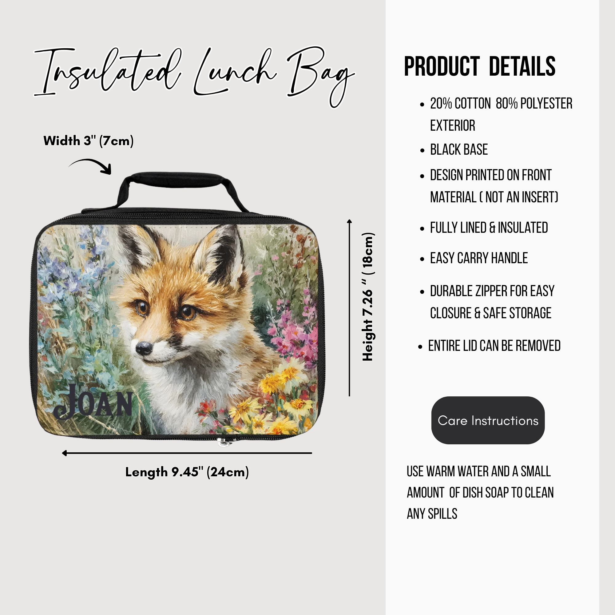 Insulated lunch bag with a custom fox design and product details on a white background