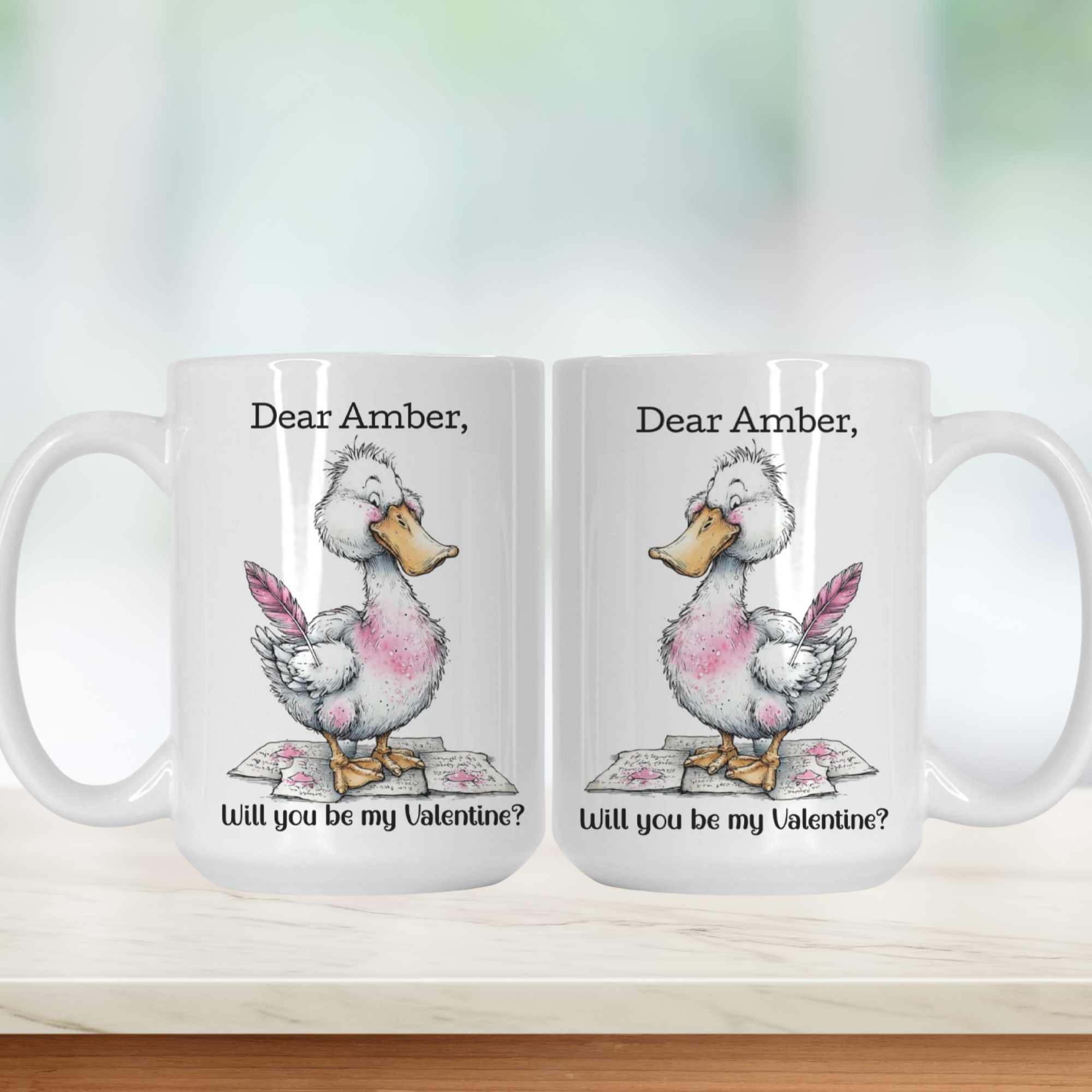 Two mugs with a cartoon goose and personalized text on a white background