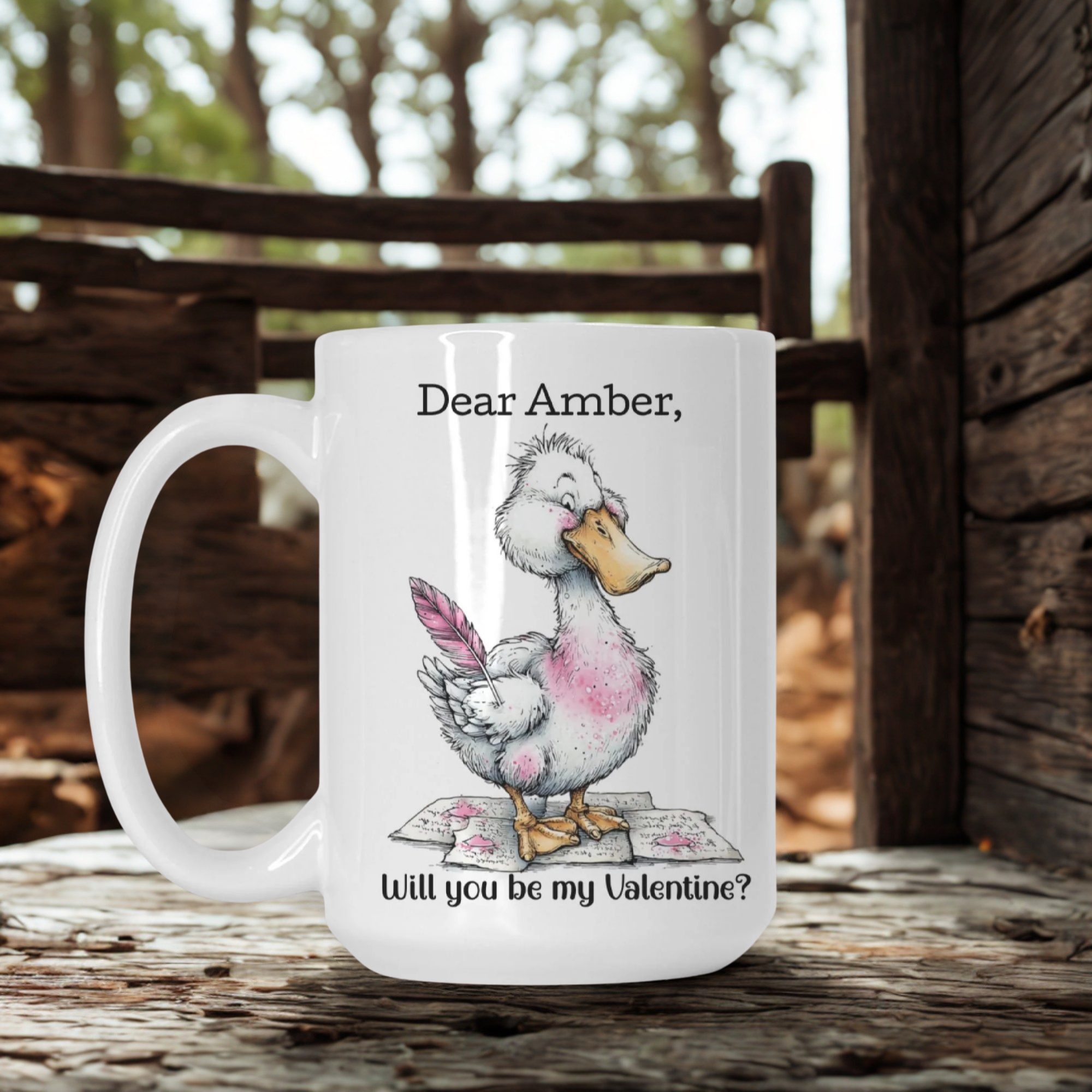 Mug with a cartoon goose and romantic message on a wooden surface