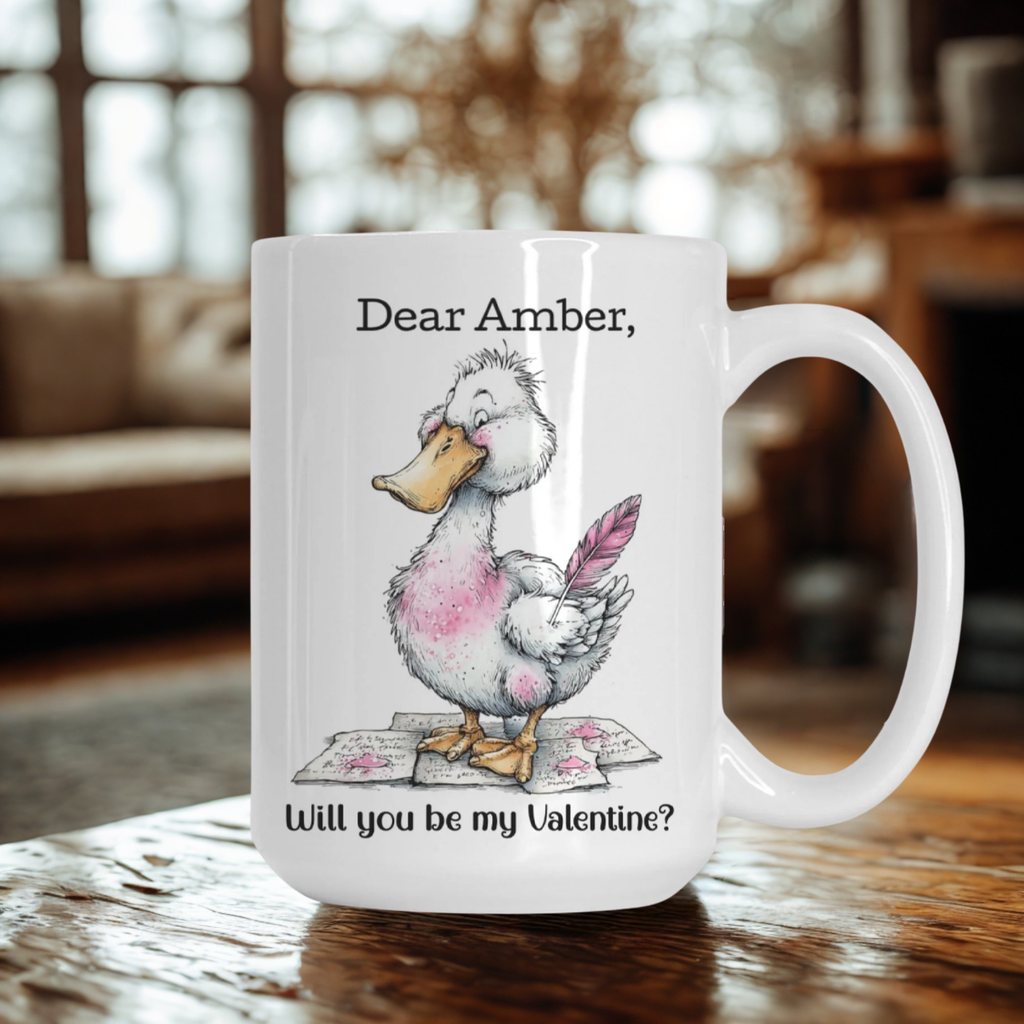 Mug with a cartoon goose and romantic message on a wooden table.