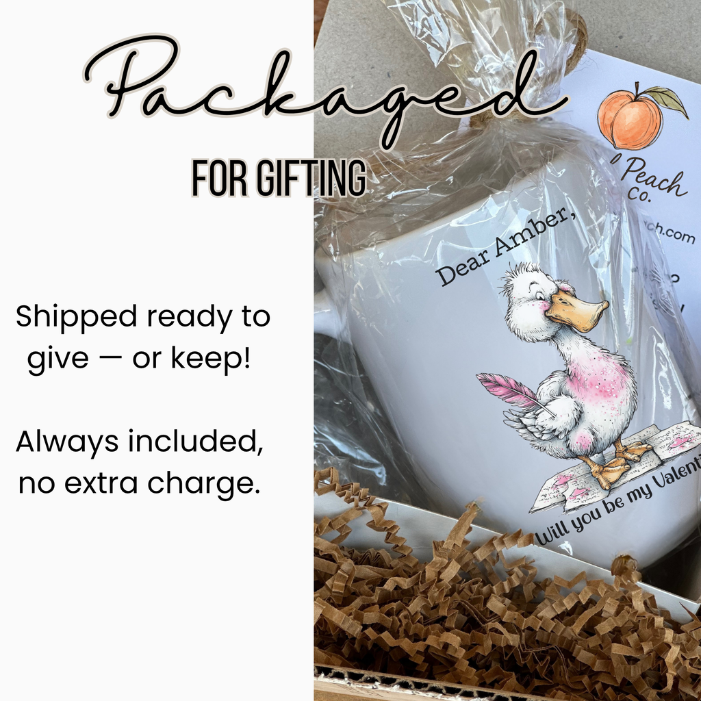 Mug with a goose design in packaging, labeled 'Artful Peach Co'.