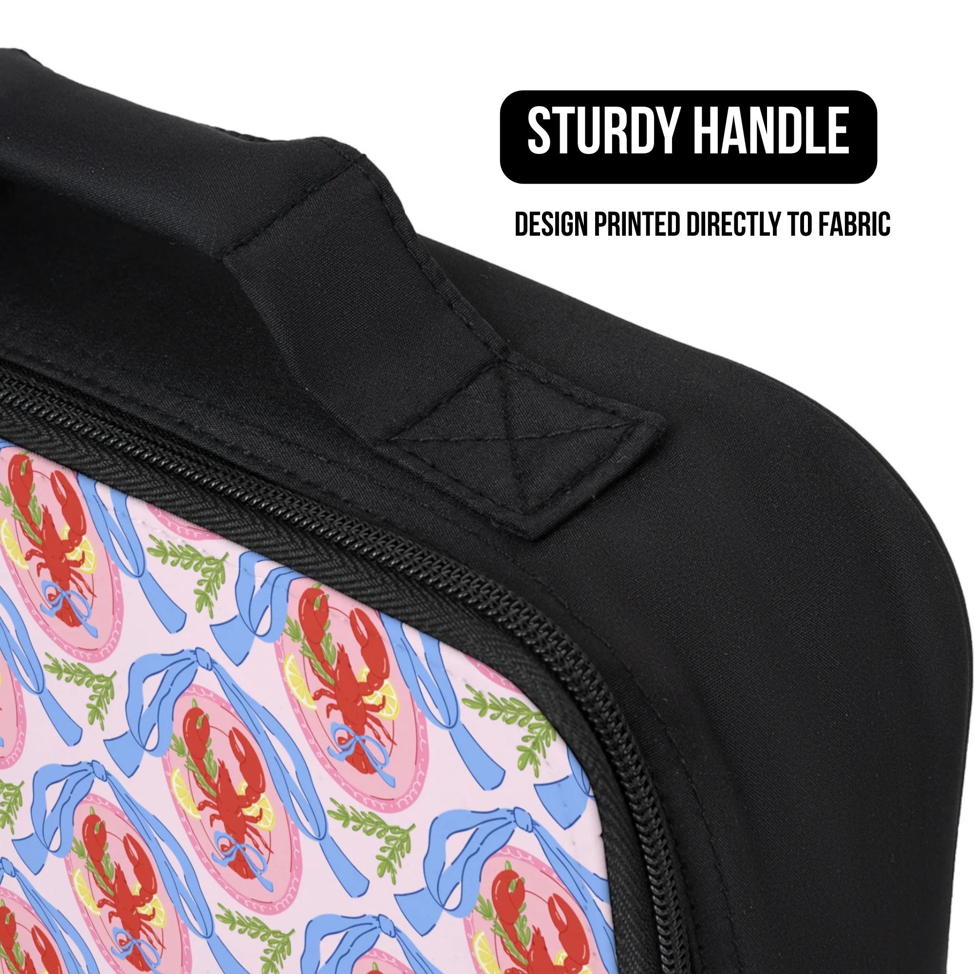 Black lunch bag with colorful lobster design and sturdy handle feature