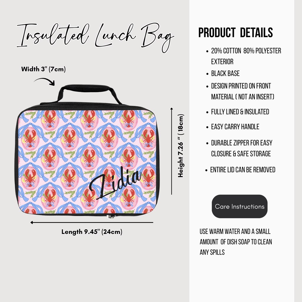 Insulated lunch bag with lobster pattern and 'Lidia' custom text, featuring product details on a white background.