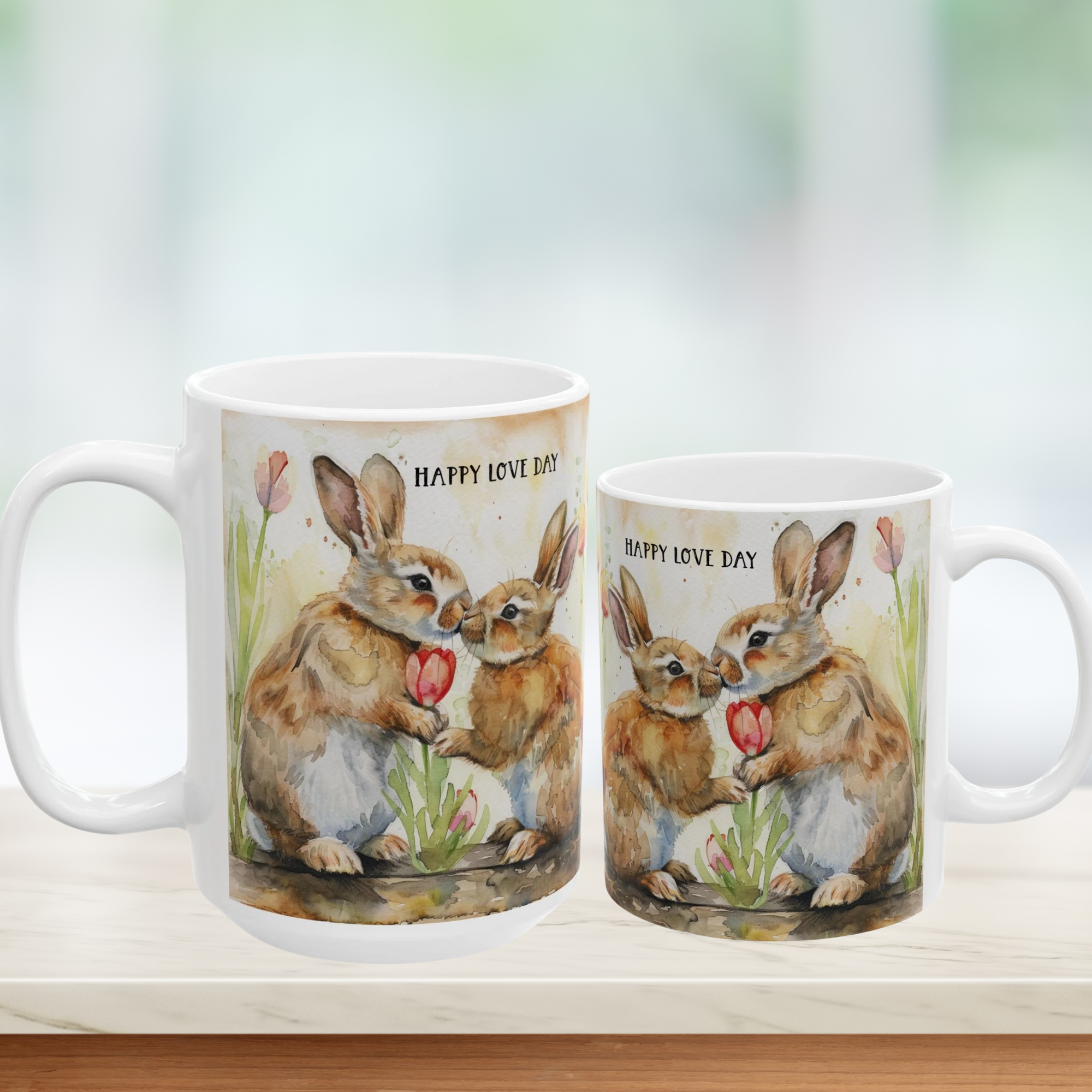 Two mugs with rabbit illustration and 'Happy Love Day' text on a blurred background