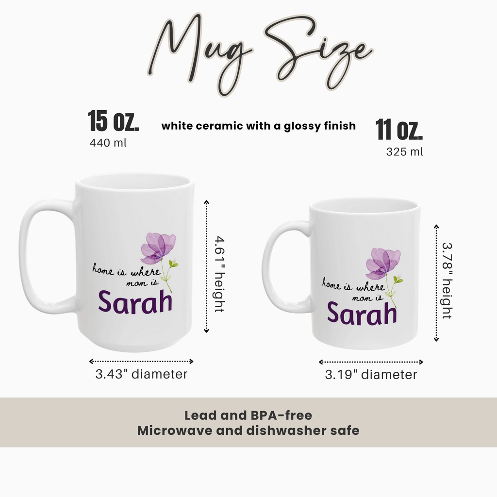 Two mugs with 'home is where mom is Sarah' text and measurements on a white background