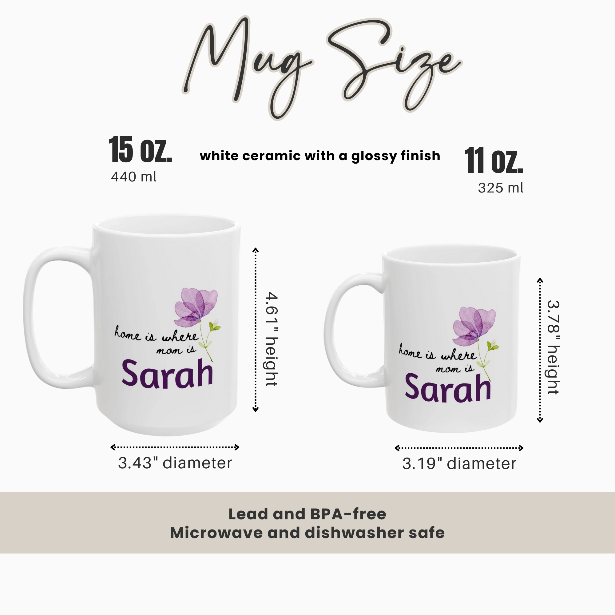 Two mugs with 'home is where mom is Sarah' text and measurements on a white background