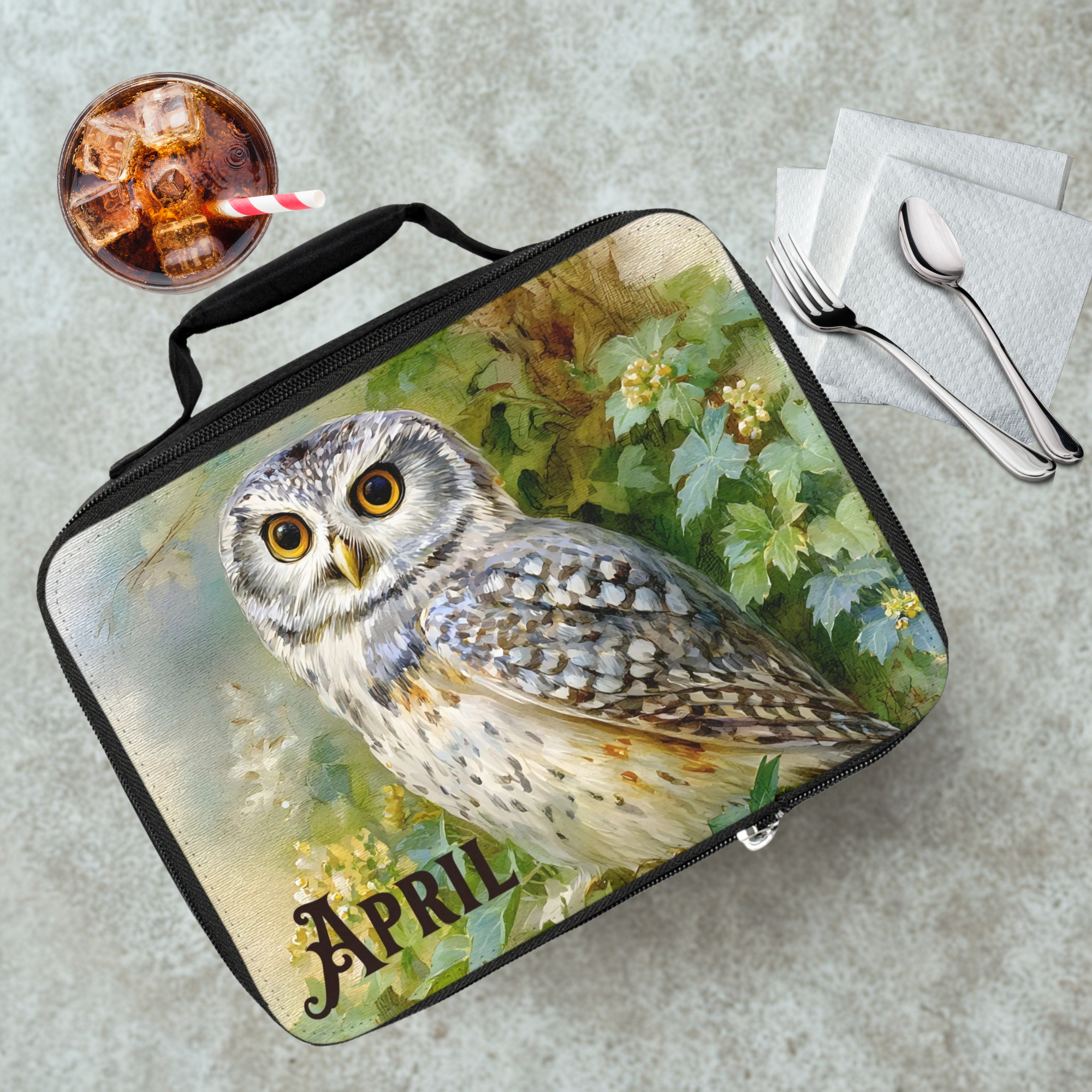 Lunch bag with an owl design and 'April' text on a table with a drink and utensils.