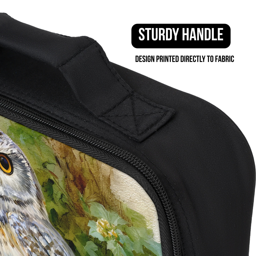 Black bag with owl design and text about a sturdy handle and printed fabric.