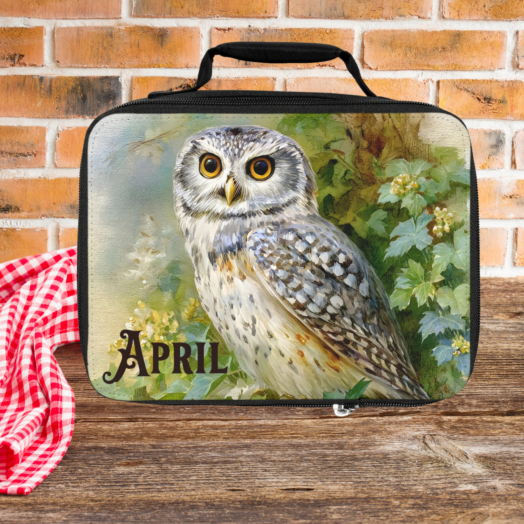 Lunch bag with an owl design and 'April' text on a brick wall background