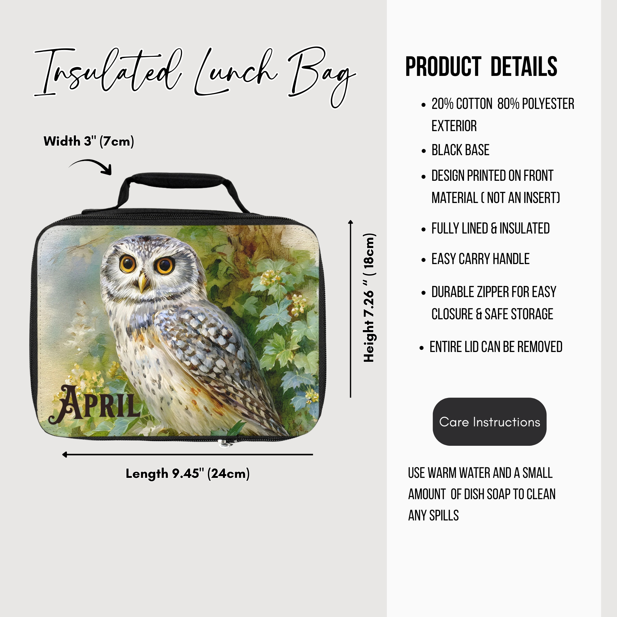 Insulated lunch bag with owl design and product details on a white background