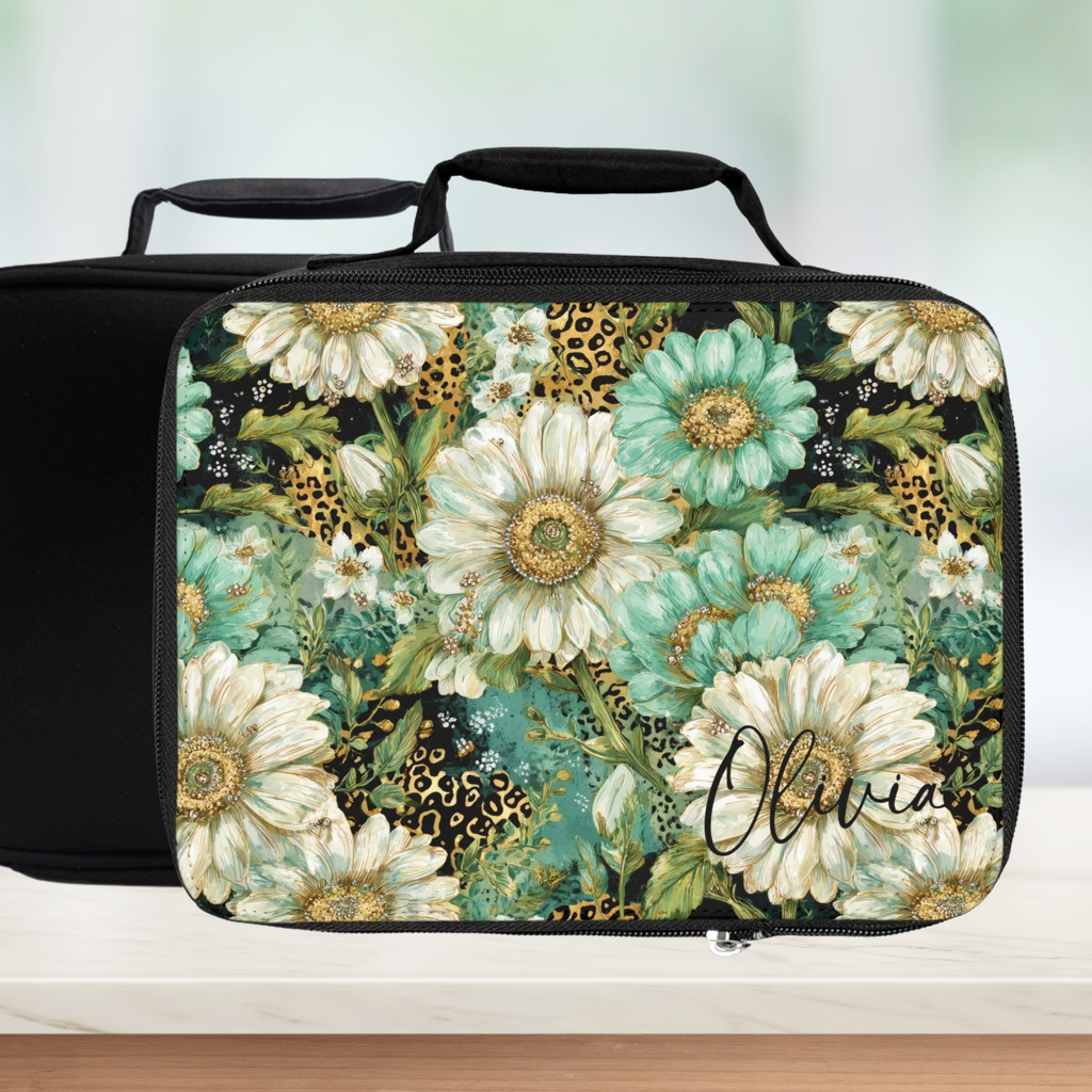 Floral patterned lunch bag with 'Olivia' personalized name on a white background